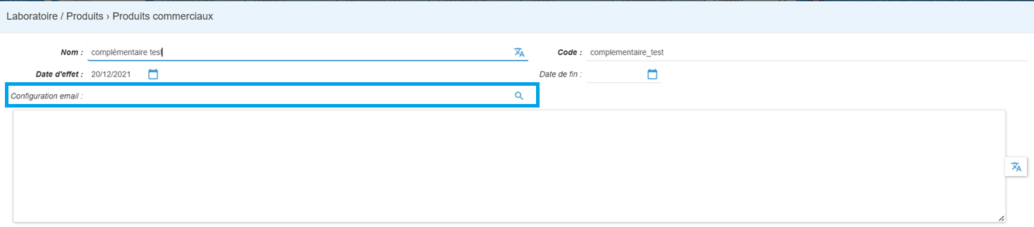 Ajout du champ "Configuration e-mail" sur les produits commerciaux