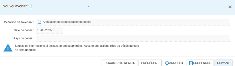 Création d'un avenant d'annulation de déclaration de décès